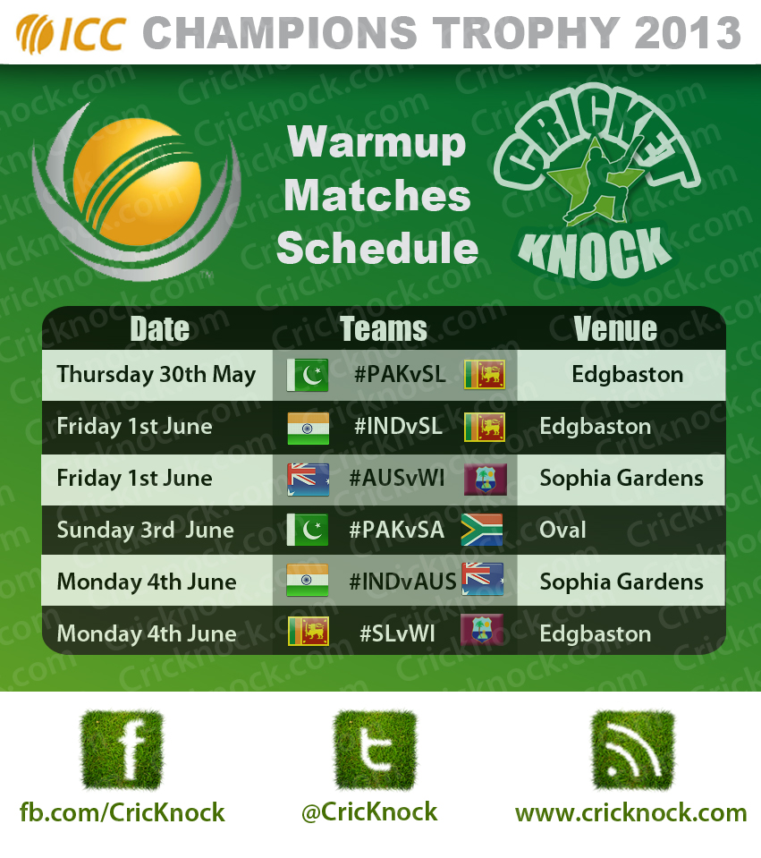 ICC Champions Trophy 2013 Warm Up Matches Schedule